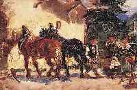 UNBEK. KüNSTLER D. 19. JH., WOHL TIROL, VOR DER SCHMIEDE, ÖL/MALKARTON (REST.), UN- SIGN., 14,5 X 20 CM, R.