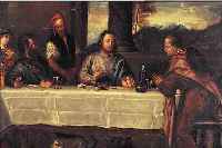 UNBEK. KüNSTLER DES 18. JH., WOHL ITALIEN, CHRISTUS BEIM SEGNEN DES MAHLES IM HAUS DES ZöLLNERS, ÖL/LWD. (DOUBL., L. ALTERSSCHäDEN), 38 X 53 ...