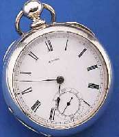 WALTHAM HERRENTASCHENUHR OFFEN, USA UM 1885, MüNZSILBERGEH., BODEN SCHMUCKGRAV., ALTERSBED. BER., SPINDELAUFZUG, EMAILBL. SIGN., ...