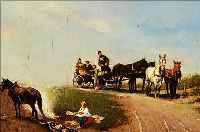 UNBEKANNTER KüNSTLER, MüNCHNER SCHULE, UM 1900, ÖL/HOLZ, LANDSCHAFT MIT KUTSCHE U. AM FELDRAND RASTENDE BäUERIN, M. CA. 17 X 22 CM, R.