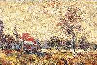 KOPIST NACH VORBILD TH. ROUSSEAU, ÖL/HOLZ, QUALITäTVOLLE MALEREI, PASTEUSER FARBAUF- TRAG, DARSTELLUNG EINES DORFES, M. CA. 8,5 X 14 CM, R.
