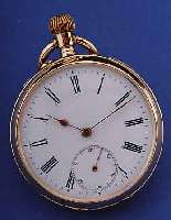 MONOPOL/DÜRSTEIN HERRENTASCHENUHR OFFEN, DEUTSCHLAND/SCHWEIZ UM 1895, ROSE-G. 585/000, NUTZSP. WURDEN üBERARB., MONOGR.-SPIEGEL FREI,EMAILBL. ...