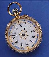 DAMENTASCHENUHR, SCHWEIZ UM 1895, GG 750/000RUNDUMGRAV., MONOGR.-SPIEGEL FREI, EMAILBL. M.GOLDPIQUETARB., GEBL. STAHLZEIGER, METALLCUV.,ZYLINDERW., ...