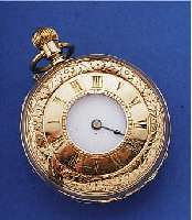 DAMENTASCHENUHR HALBSAVONETTE, SCHWEIZ UM 1895, GG 585/000, BEIDE SCHALEN BLüTENDEKOR, AUßEN-STD.-ZEICHEN BER., MONOGR.-SPIEGEL FREI,EMAILBL. ...