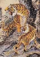 GOUACHEMALEREI, CHINA, UM 1900, AUF PAPIER MIT SEIDENBROKATEINFASSUNG, ZWEI TIGER UNTER BäUMEN, CA. 110 X 43 CM BILDGRößE