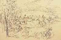 DILL, OTTO,  REITERGRUPPE AUS DEM WALD KOMMEND, LITHO- GRAPHIE, IM STEIN SIGN., GEBRäUNT, CA. 28 X, 40 CM, ...