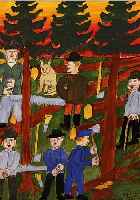 RAFFLER, MAX, * 1902-1988, BETITELT WALD- ARBEIT, NAIVE DARSTELLUNG, GOUACHE AUF PAPIER,GERAHMT UND VERGLAST, MAßE OHNE RAHMEN CA. 31 X 23 CM, ...