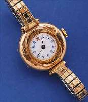 DAMENARMBANDUHR, SCHWEIZ/ENGLAND UM 1920, ROSE-G. 375/000, ZUGGLIEDERB. SPäTER, SEK., EMAILBL. FEIN HAARR., GEBL. STAHLZEIGER, ...