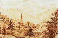 SPIROSPIRO, EUGEN, 1874-1972, DORF IM VORGEBIRGE, SEPIAZEICHNUNG AUF PAPIER, RE. O. SIGN. UND DAT. 21, CA. 24 X 34,5 CM, PP, U.GL., R. WIRD IN DEN ...