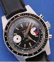EBF ARMBANDCHRONOGRAPH, SCHWEIZ UM 1968, EDELST., BODEN U. KRONE GESCHR., BEI FERTIG- ST. WASSERD. BIS 200 M, LüNETTE ZUR 2.-ZEIT M. ...