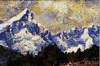 UNGER, W.H., GEB. 1929 HALLE, ALBSPITZE GEGEN HöLLENTAL MIT ZUGSPITZE BEI GARMISCH, ÖL/HARTFASER, SIGN., RüCKSEITIG BEZ.CA. 40 X ...