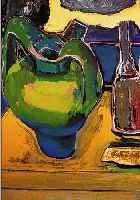 DREWS-HöLTER, URSULA, GEB. 1947 KIEL, STILLEBEN MIT VASE UND FLASCHEN, ÖL/HARTFASER,RE. U. SIGN., CA. 56,5 X 56,5 CM, R.