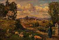 MESSERSCHMITT, PIUS FERDINAND, 1858 BAMBERG-1915 SOLLN, LANDSCHAFT MIT SCHäFER VOR MARTERL, ÖL/LWD, LI. U. SIGN., CA.46 X 69 ...