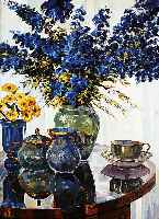 SCHNEIDER, HANS, DAT. (19)46, BLUMENSTILLEBEN MIT ZWEI VASEN U. KAFFEEGE- SCHIRR, ÖL/LWD., RE. U. SIGN. U. DAT. 46, 70 X 55 CM, ...