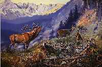 SINGER, ALBERT, MüNCHEN 1869-1922 SCHLIERSEE, WALDLICHTUNG MIT HIRSCH U. REHEN IN HOCH- GEBIRGSLANDSCHAFT, RE. U. SIGN. U. DAT. 1913, CA. ...