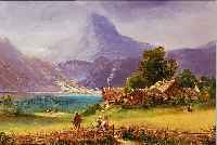 EBERT, CARL, *1821 STUTTGART-1885 MüNCHEN, LANDSCHAFT MIT SEE, GEHöFT U. PERSONENSTAFFAGEIN HOCHGEBIRGE, ÖL/HOLZ, 24X34 CM, R., ...