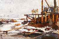 PUTZ, LUDWIG, PROF., GEB. 1866 WIEN, BOOT- STEEG IN WINTERLANDSCHAFT MIT PERSONENSTAF- FAGE, U. RE. SIGN., ÖL/MALKARTON, 28,5 X 35,5 CM, R.