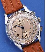 HUGA SA ARMBANDCHRONOGRAPH, SCHWEIZ UM 1940, METALL VERCHR., EDELST.-BODEN U. GLASR. GEDR., AUFGES. BANDANST., VERS. ORIG.-BLATT, ALTERSBED. ...