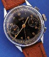 HUGEX ARMBANDCHRONOGRAPH, SCHWEIZ UM 1940, METALL VERCHR., EDELST.-BODEN U. GLASR. GEDR.,AUßER LEDERB. ORIG.-ZUST., ...