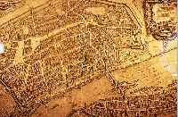 VIERTEILIGER KUPFERSTICH, M. MERIAN, 1628, GESAMTANSICHT VON FRANKFURT AM MAIN AUS DER VOGELSCHAU, MIT ZWEI PRUNKVOLLEN KARTUSCHEN OBEN, STARK ...