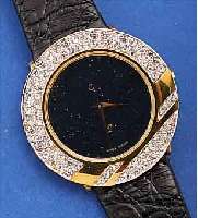 DESIGNER DAMENARMBANDUHR, SCHWEIZ UM 1995, AUFWEND. METALLRUNDGEH. HARTVERG., LüNETTE M. SCHMUCKSTEINBES., MINERALFLACHGL., ZIFFERBL. ...