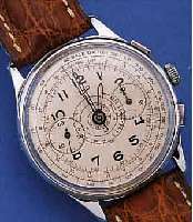 ARMBANDCHRONOGRAPH, REF.-NR. 1053, SCHWEIZ/ FRANKREICH UM 1949, METALLGEH. NACHVERCHR., EDELST.-BODEN U. GLASR. GEDR., BLATT REST., BEZ. LIP, ...