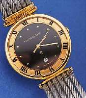 PHILIPPE CHARRIOL HERRENARMBANDUHR, SCHWEIZ UM 1992, METALLGEH. HARTVERG., EDELST.-BODEN GEDR., SAPHIRFLACHGL., 6-REIHIGES BAND AUS GEDR. STAHL, ...
