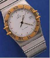 OMEGA HERRENARMBANDUHR CONSTELLATION, SCHWEIZ UM 1988, EDELST., BODEN GEDR., LüNETTEM. EINGEL. STD.-ZEICHEN IN GG, ...