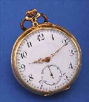 OFFENE HERRENTASCHENUHR, SCHWEIZ UM 1910, ROSE-G. 585/000, BER./DELLIG, MONOGR.-SPIEGEL FREI, EMAILBL. FEIN HAARR. BEI 8, KL. SEK., METALLCUV., ...