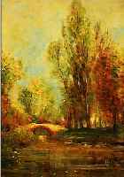 HUYS, BERNHARD, 1896 OESEDE-1973 WORPSWEDE, WALDLANDSCHAFT MIT BACHLAUF UND BRüCKE, ÖL/ MALKARTON, AUF HARTFASER AUFGEZOGEN, RE. U. SIGN., CA. ...