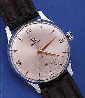 OMEGA HERRENARMBANDUHR, REF.-NR. 2827-1, SCHWEIZ UM 1951, METALL HARTVERCHR., EDELST.- BODEN U. GLASR. GEDR., BLATT REST., LEDERB. NEU, 15 ST., ...