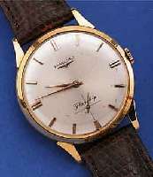 LONGINES HERRENARMBANDUHR, SCHWEIZ UM 1958, NEUTR. RG 750/000-GEH., SüDAMERIKA, BODEN U. GLASR. GEDR., BLATT REST., RUNDANKERW., 17 ST., ...