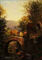 UNBEKANNTER MALER, STUTTGARTER SCHULE, UM 1870-80, BLICK IN EIN ROMANTISCHES BACH- TAL, IM HINTERGRUND DORFANSICHT, ÖL/LWD, LI. U. ...
