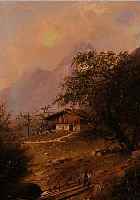 BACHMANN, WOHL SCHWEIZER KüNSTLER, UM 1900, HüTTE UND SPAZIERGäNGER IM GEBIRGE, ÖL/HOLZ, RE. U. SIGN. (DURCH RAHMEN VERDECKT), CA. 26 X 21 CM, ...