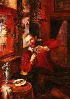 UNBEK. KüNSTLER D. 19./20. JH., FEINGE- MALTES INTERIEUR MIT WEINTRINKENDEM MANN AN REBENUMWUNDENEM FENSTER, ÖL/HOLZ (MIN. REST.),UNLESERL. ...