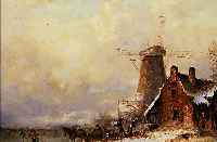 UNBEK. KüNSTLER D. 20. JH., IN DER ART DER ALTEN NIEDERLäNDISCHEN MEISTER, ZWEI GEGENSTüCKE, WINDMüHLEN AN ZUGEFRORENEM SEE MIT ...
