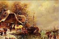 UNBEK. KüNSTLER D. 20. JH., IN DER ART DER ALTEN NIEDERLäNDISCHEN MEISTER, WINTER- SZENE MIT PFERD, BAUERN UND SCHLITTSCHUH- LäUFERN, ...