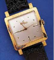 NICOLET WATCH HERRENARMBANDUHR, REF.-NR. 621203/24, SCHWEIZ UM 1957, GG 750/000, CARREE-ARRONDE-GEH., BODEN GEDR., VERS. ORIG.-BLATT M. AUFGES. ...