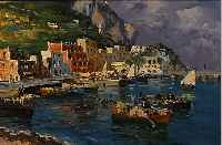RIPPA O.ä., MITTE 20. JHD., MEDITERRANE KüSTE MIT FISCHERBOOTEN VOR KLEINER HAFEN- STADT, ÖL/LWD. UNLESERL. SIGN., CA. 50 X 60 CM