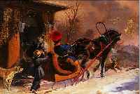 UNBEK. KüNSTLER, WOHL RUSSLAND, UM 1860/80, FAMILIE MIT PFERDESCHLITTEN IN WINTERLICHER LANDSCHAFT, ÖL/MALKARTON (L. ALTERSSPUREN), UNSIGN., ...