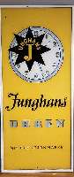 WERBESCHILD JUNGHANS UHREN, GLAS, ENDE 40ER-, ANFANG 50ER JAHRE, GELBGRUNDIG, SCHWARZE U. GRAUE BEMALUNG BZW. BESCHRIFTUNG, FARBAUFTRAG HINTER GLAS, ...