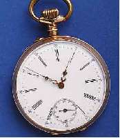 HERRENTHERRENTASCHENUHR OFFEN, SCHWEIZ/DEUTSCHLAND UM 1908, ROSE-G. 585/000, BER., DELLIG, MONOGR. LH, EMAILBL., METALLCUV., VERG. ...