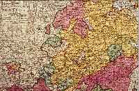 ALTKOLOR. KUPFERSTICHK. V. TH. LOTTER, CA. 1740, MAPPA CIRCULI RHENANI SUPERIORIS, MIT GROßARTIGER KARTUSCHE UMGEBEN VON 21 WAPPEN, IN ...