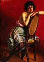 MERENYI, REZSO, 1893-1943, JUNGE FRAU AUF STUHL SITZEND, ÖL/HOLZ, LI. O. SIGN., CA. 21 X 17 CM, R.