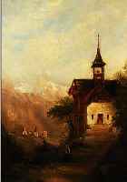 UNBUNBEKANNTER MALER, DÜSSELDORFER SCHULE, UM 1900, VORALPENLANDSCHAFT MIT KAPELLE, ÖL/MALKARTON, CA. 46 X 32 CM, R.