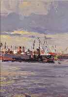 BOGBOGÖ, CHR., DÄNISCHER MARINEMALER, BLICK AUF EINEN HAFEN VON DER SEE AUS, ÖL/LWD, RE. U. SIGN., CA. 29 X 24 CM, R.