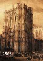 Radierung, deutsch, um 1855-60, Darst. des KÖlner Doms bei Aufnahme des Fortbaues 1842, radiert von Abbema, hrsg. vom Dombau-Verein KÖln, ...