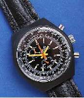 ZUMA ARMBANDCHRONOGRAPH, SCHWEIZ UM 1975, METALL SCHW. MATT., EDELST.-BODEN GESCHR., 15-MIN.-STOPPZÄHLER, LEDERB., ETUI, UNGETR. LAGERW., ...