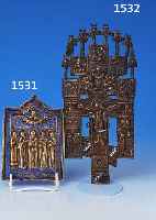 REIREISEIKONE, RUSSLAND, UM 1870-80, BRONZE, PARTIELL BLAU EMAILLIERT, BERIEBEN, CA. 14 X 10 CM