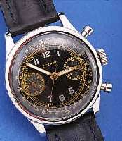 ETERNA ARMBANDCHRONOGRAPH, SCHWEIZ UM 1948, EDELST., BODEN GESCHR., ORIG.-BLATT FL., LE- DERB., NEUTR. ETUI, 17 ST., BASISKAL. VALJOUX 23, ...